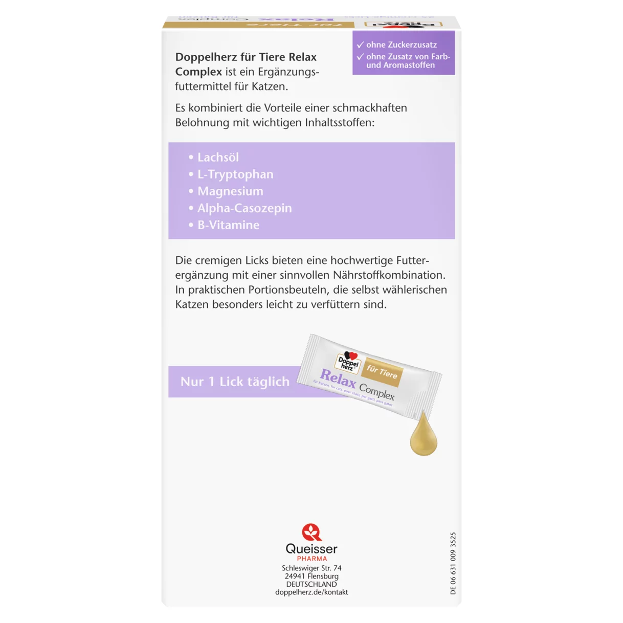 Abbildung der Produktverpackung Doppelherz für Tiere Relax Complex für Katzen Rückansicht